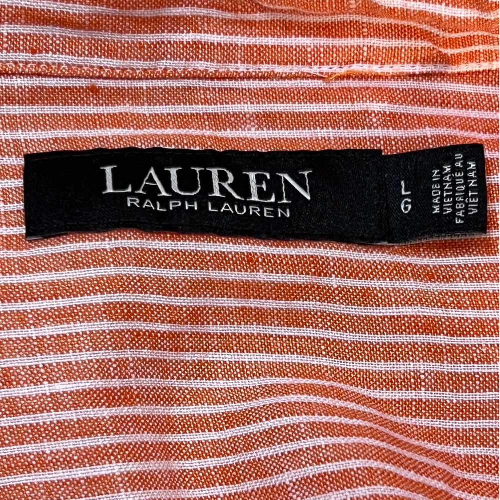 Lauren by Ralph Lauren Orange & White Striped Linen Tie Front Shirt Large - Picture 9 of 12
